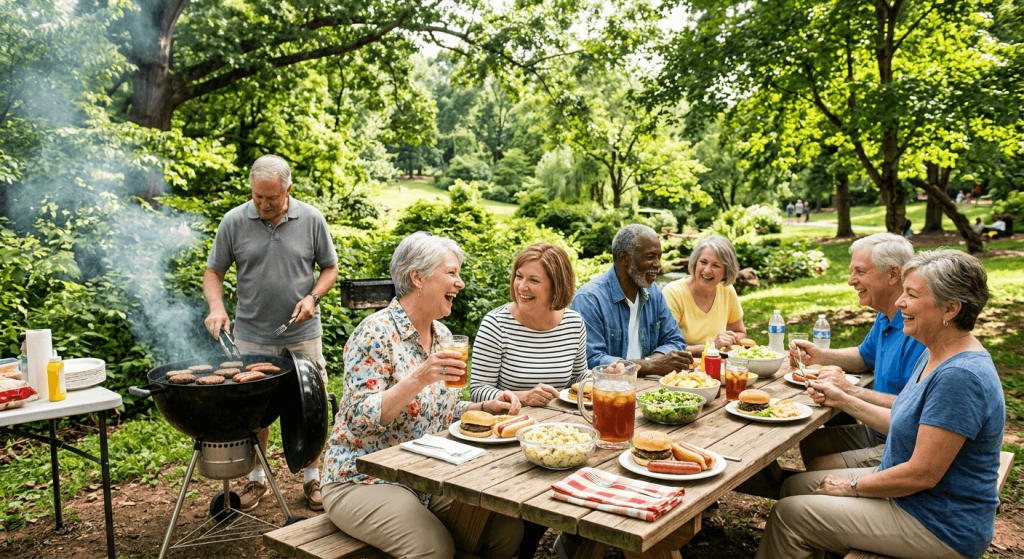 Group of seniors, older adults age 65-75 outside enjoying end of summer a BBQ around move-in benefits at the landing of bogart